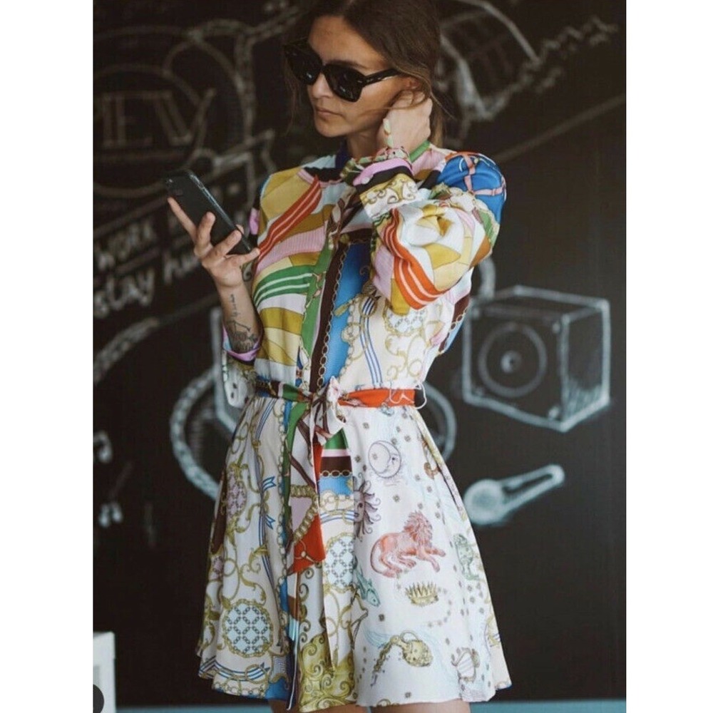Zara Chain Print Scarf Dress Long Sleeve Belted Mini Shirt Dress Multicolor